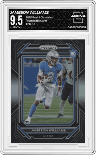Jameson Williams from the 2022 Panini Chronicles set featuring a Silver parallel graded by Arena Club and given an overall grade of 9.5.