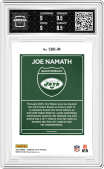 Joe Namath from the 2023 Donruss Optic set graded by Arena Club and given an overall grade of 9.