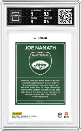 Joe Namath from the 2023 Donruss Optic set graded by Arena Club and given an overall grade of 9.