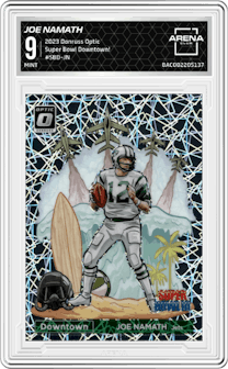 Joe Namath from the 2023 Donruss Optic set graded by Arena Club and given an overall grade of 9.