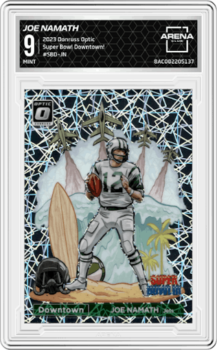 Joe Namath from the 2023 Donruss Optic set graded by Arena Club and given an overall grade of 9.