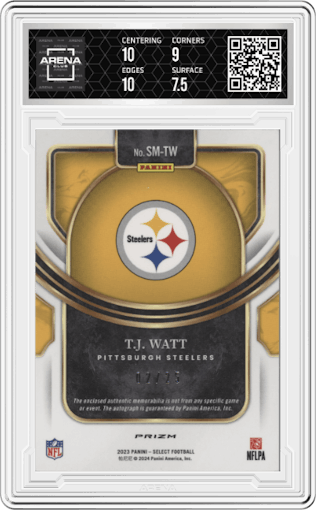 T.J. Watt from the 2023 Panini Select set featuring a Tie-Dye Prizm parallel graded by Arena Club and given an overall grade of 8.