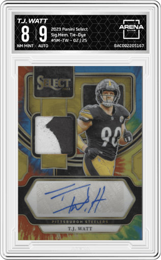 T.J. Watt from the 2023 Panini Select set featuring a Tie-Dye Prizm parallel graded by Arena Club and given an overall grade of 8.
