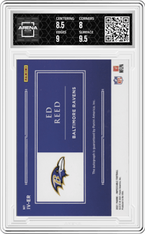 Ed Reed from the 2021 Panini Impeccable  set graded by Arena Club and given an overall grade of 8.5.