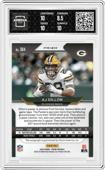 AJ Dillon from the 2020 Panini Prizm set featuring a Pink Prizm parallel graded by Arena Club and given an overall grade of 9.