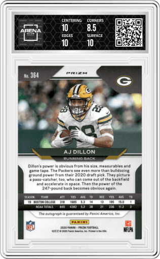 AJ Dillon from the 2020 Panini Prizm set featuring a Pink Prizm parallel graded by Arena Club and given an overall grade of 9.