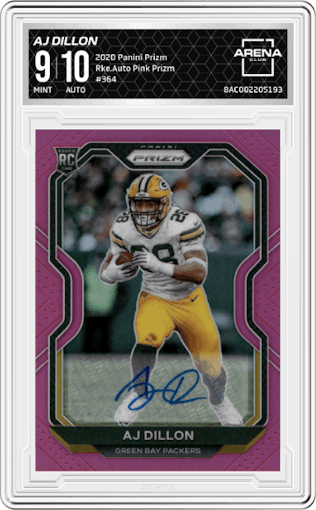 AJ Dillon from the 2020 Panini Prizm set featuring a Pink Prizm parallel graded by Arena Club and given an overall grade of 9.