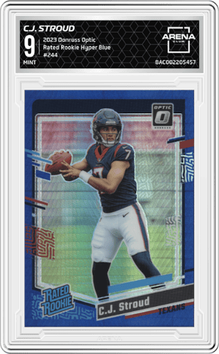 C.J. Stroud from the 2023 Donruss Optic set featuring a Hyper Blue parallel graded by Arena Club and given an overall grade of 9.