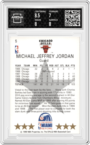 Michael Jordan from the 1990-91 NBA Hoops set graded by Arena Club and given an overall grade of 7.5.