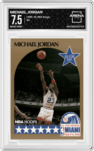 Michael Jordan from the 1990-91 NBA Hoops set graded by Arena Club and given an overall grade of 7.5.