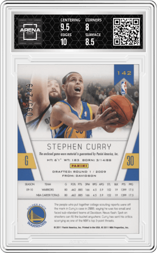 Stephen Curry from the 2010-11 Panini Totally Certified set graded by Arena Club and given an overall grade of 8.5.