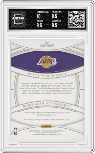 Metta World Peace from the 2021-22 Panini National Treasures set featuring a Prime parallel graded by Arena Club and given an overall grade of 9.