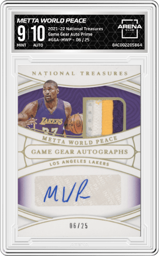 Metta World Peace from the 2021-22 Panini National Treasures set featuring a Prime parallel graded by Arena Club and given an overall grade of 9.