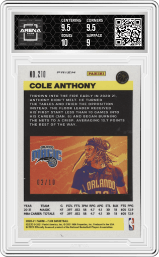 Cole Anthony from the 2020-21 Panini Flux set featuring a Gold Laser parallel graded by Arena Club and given an overall grade of 9.5.