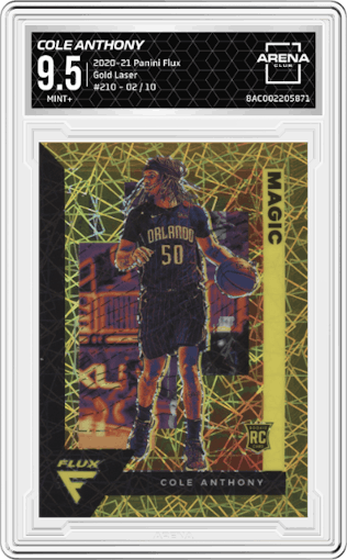 Cole Anthony from the 2020-21 Panini Flux set featuring a Gold Laser parallel graded by Arena Club and given an overall grade of 9.5.