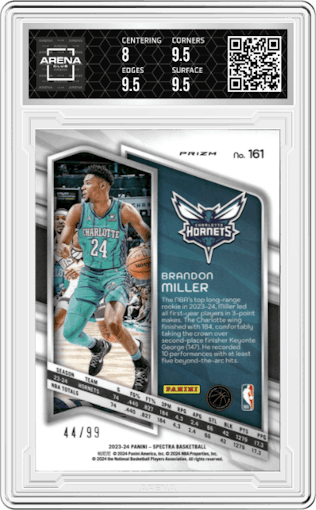 Brandon Miller from the 2023-24 Panini Spectra set featuring a Interstellar  parallel graded by Arena Club and given an overall grade of 8.5.