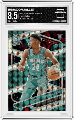 Brandon Miller from the 2023-24 Panini Spectra set featuring a Interstellar  parallel graded by Arena Club and given an overall grade of 8.5.