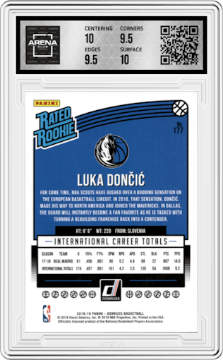 Luka Doncic from the 2018-19 Panini Donruss  set graded by Arena Club and given an overall grade of 10.