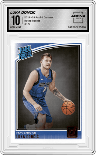 Luka Doncic from the 2018-19 Panini Donruss  set graded by Arena Club and given an overall grade of 10.