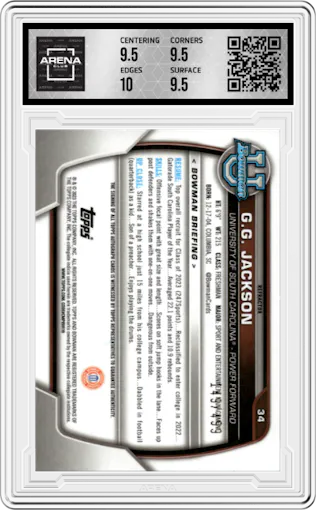 G.G. Jackson from the 2022-23 Bowman University Chrome set featuring a Refractor parallel graded by Arena Club and given an overall grade of 10.