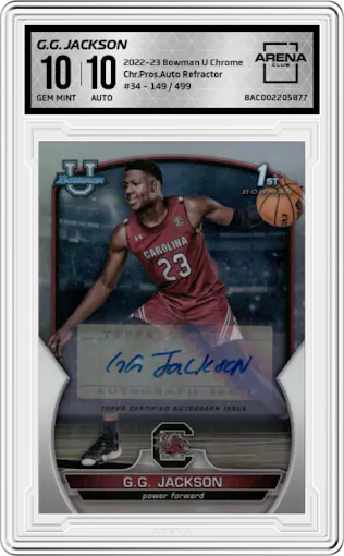 G.G. Jackson from the 2022-23 Bowman University Chrome set featuring a Refractor parallel graded by Arena Club and given an overall grade of 10.
