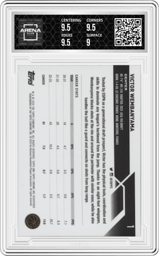 Victor Wembanyama from the 2023-24 Topps Chrome set graded by Arena Club and given an overall grade of 9.5.