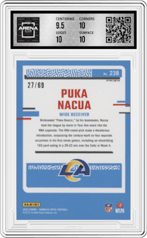 Puka Nacua from the 2023 Donruss Optic set featuring a Electricity parallel graded by Arena Club and given an overall grade of 10.