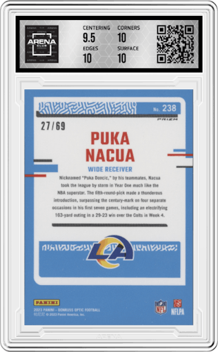 Puka Nacua from the 2023 Donruss Optic set featuring a Electricity parallel graded by Arena Club and given an overall grade of 10.