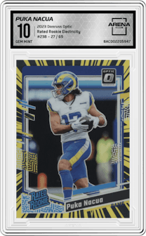 Puka Nacua from the 2023 Donruss Optic set featuring a Electricity parallel graded by Arena Club and given an overall grade of 10.