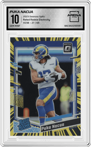 Puka Nacua from the 2023 Donruss Optic set featuring a Electricity parallel graded by Arena Club and given an overall grade of 10.
