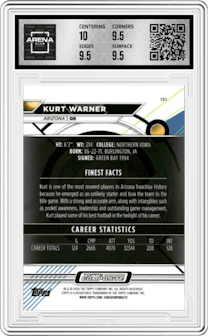 Kurt Warner from the 2023 Topps Composite set featuring a Black/Red Geometric parallel graded by Arena Club and given an overall grade of 10.