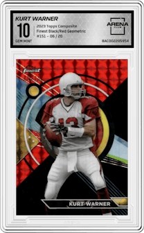 Kurt Warner from the 2023 Topps Composite set featuring a Black/Red Geometric parallel graded by Arena Club and given an overall grade of 10.