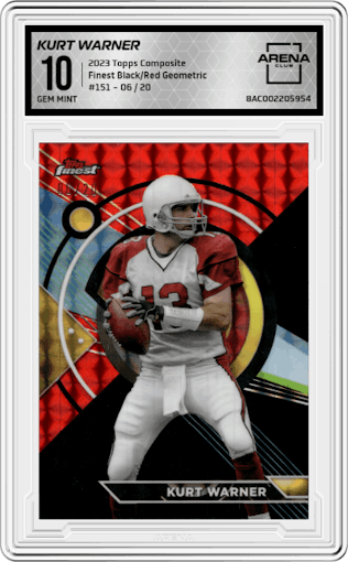 Kurt Warner from the 2023 Topps Composite set featuring a Black/Red Geometric parallel graded by Arena Club and given an overall grade of 10.