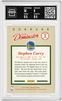 Stephen Curry  from the 2014-15 Panini Donruss  set graded by Arena Club and given an overall grade of 9.5.