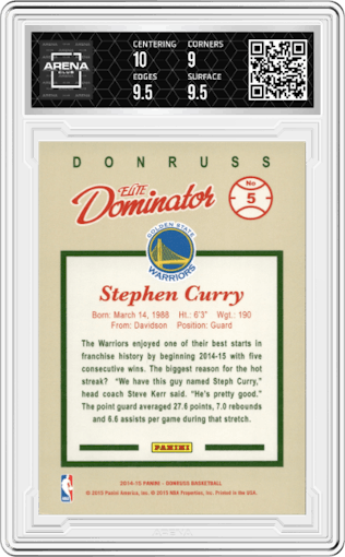 Stephen Curry  from the 2014-15 Panini Donruss  set graded by Arena Club and given an overall grade of 9.5.