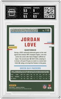 Jordan Love from the 2023 Panini Donruss set featuring a Press Proof Silver parallel graded by Arena Club and given an overall grade of 9.