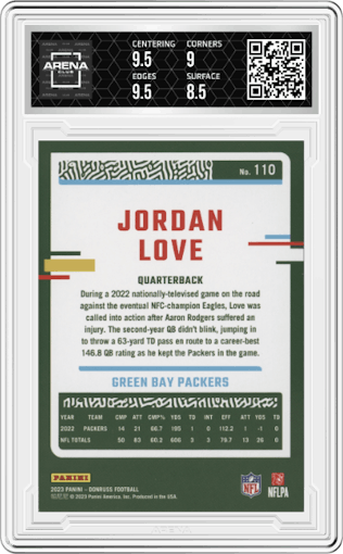 Jordan Love from the 2023 Panini Donruss set featuring a Press Proof Silver parallel graded by Arena Club and given an overall grade of 9.