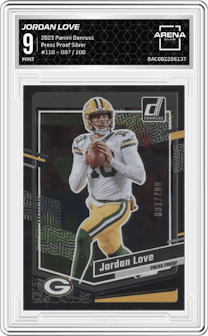 Jordan Love from the 2023 Panini Donruss set featuring a Press Proof Silver parallel graded by Arena Club and given an overall grade of 9.