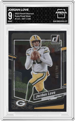 Jordan Love from the 2023 Panini Donruss set featuring a Press Proof Silver parallel graded by Arena Club and given an overall grade of 9.