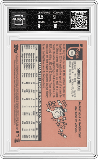 Shohei Ohtani from the 2018 Topps Heritage High Number set graded by Arena Club and given an overall grade of 9.5.