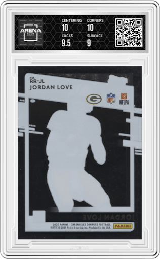 Jordan Love from the 2020 Panini Chronicles set graded by Arena Club and given an overall grade of 9.5.
