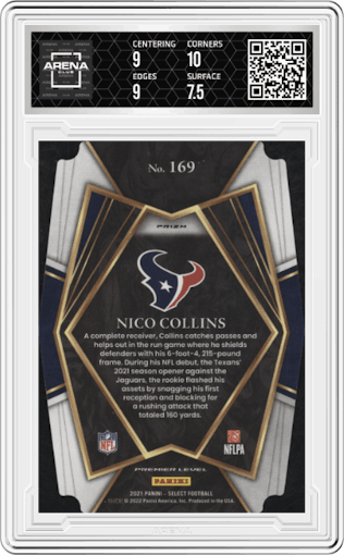 Nico Collins from the 2021 Panini Select set featuring a Die-Cut Red/Yellow parallel graded by Arena Club and given an overall grade of 8.