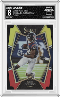 Nico Collins from the 2021 Panini Select set featuring a Die-Cut Red/Yellow parallel graded by Arena Club and given an overall grade of 8.