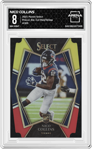 Nico Collins from the 2021 Panini Select set featuring a Die-Cut Red/Yellow parallel graded by Arena Club and given an overall grade of 8.