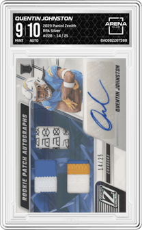 Quentin Johnston from the 2023 Panini Zenith set featuring a Silver parallel graded by Arena Club and given an overall grade of 9.