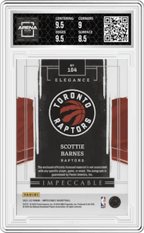 Scottie Barnes from the 2021-22 Panini Impeccable  set featuring a Asia parallel graded by Arena Club and given an overall grade of 9.