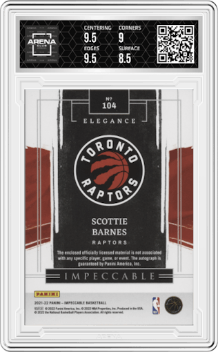 Scottie Barnes from the 2021-22 Panini Impeccable  set featuring a Asia parallel graded by Arena Club and given an overall grade of 9.