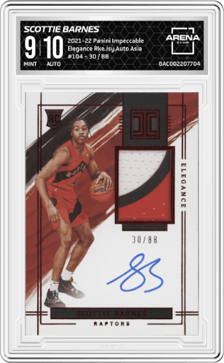 Scottie Barnes from the 2021-22 Panini Impeccable  set featuring a Asia parallel graded by Arena Club and given an overall grade of 9.