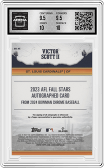 Victor Scott II from the 2024 Bowman Chrome set graded by Arena Club and given an overall grade of 10.