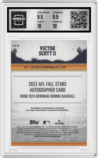 Victor Scott II from the 2024 Bowman Chrome set graded by Arena Club and given an overall grade of 10.